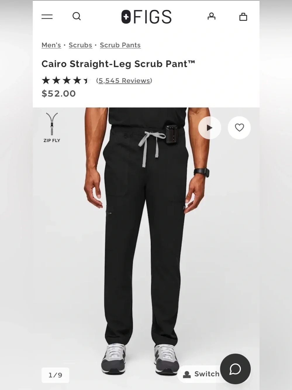 FIGS Cairo Straight-Leg Scrub Pant — Black